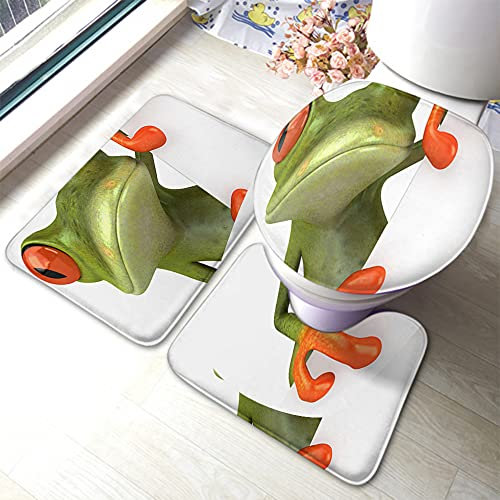 Badezimmer Teppiche Set 3 Stück Frosch Lustiges Tier Niedliches Porzellan Frosch Blanko Schild Grün Orange Weiß Weiche U-Förmigen Contour Matte Wc-Deckelabdeckung Dekorative Badematte 3-Tlg