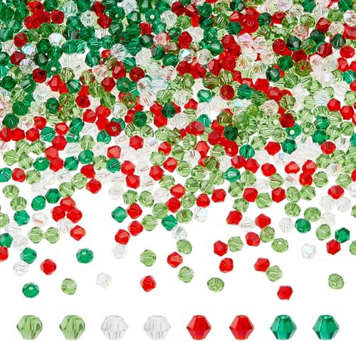 HOBBIESAY 16 Brins Bicone Facettes Cristal Perles de Verre 4mm Perles en Verre Cristal Thème de Noël 4 Couleurs Perles Verre Cristal Vertes et Rouges pour Bijoux de Noël Décoration Trou:1mm