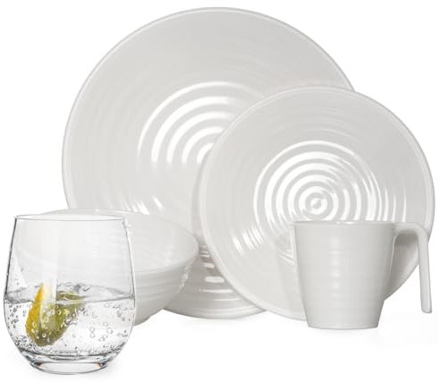 Melamin Camping Geschirr Set 4 Personen Crema 16 Teilig + 4 Tiamo Gläser Wassergläser Tafelgeschirr Picknick BBQ Kochgeschirr