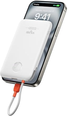 VIYISI Batería Externa 10000 Mah Ultrafino, QC 22,5w Power Bank Carga Rápida con Cable USB C Integrado PD 20W Compatible con iPhone 16 15 Samsung S24 S23 S22 - Blanco
