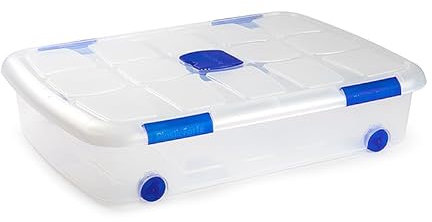 Caja de almacenaje bajo Cama de PVC Transparente con Tapa y Ruedas y antipolillas de 42 litros 55x73x16 cm