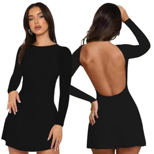 Robe Femme Robes à Manches Longues Décontractée Automne Hiver Mini Robe Moulante A-Line Robes pour Fête Bureau Noël (FR/ES, Alpha/Lettres, Taille Unique, Taille Normale, Taille Normale, Noir L)