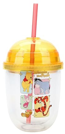 Bioworld Disney Winnie Puuh Becher aus Kunststoff, doppelwandig, mit gelbem Deckel und Strohhalm, 370 ml