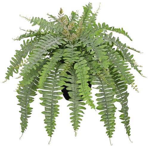 Hollyone Groß Künstlicher Boston Farn Topfpflanze, 65cm Kunstfarn Büsche in Schwarzem Topf, Frostgrün Künstliche Farn Pflanzen für Innen Außen, Haus Garten Terrasse Balkon Büro Dekorationen