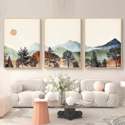 Ueiwffzo 3er Poster Set, Landschaft Wandbilder Abstrakt Berg Wald Bilder, Leinwandbilder Wandposter, Bilder Wohnzimmer Wanddeko, Ohne Rahmen (30x40cm)