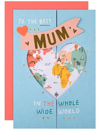 Hallmark Mothers Day Card for Mum, Map & Heart, From Son or Daughter, Blue | Multicoloured Card, Die-cut, Embossed, Gold Foil, 3D, H22.8xW15.9cm, Pink Envelope, Recyclable