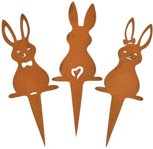 Qooloo 3 Stück Osterhasen Gartenstecker Rost, Osterhase Rost Deko, Osterhase Gartendeko Figuren Osterdeko Gartenfigur, Osterhasen Metallstecker, Frühling Deko Garten