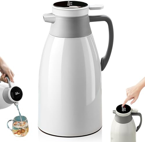 GOEDCH Thermos 24 ore isolamento termico: 2 l, acciaio inox, isolamento sottovuoto, indicatore intelligente temperatura, bevande calde fredde (bianco)