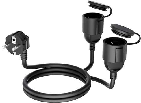Verlängerungskabel 1m Doppelsteckdose IP44 wasserdicht – Zwei Schuko-Steckdosen mit Deckeln, schwarzes PVC-Kabel für mehr Anschlüsse im Außenbereich