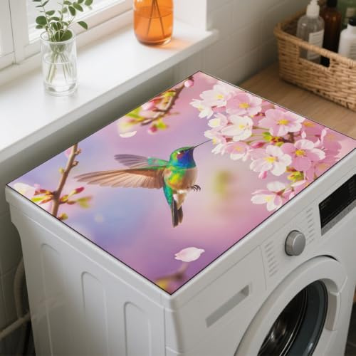 GLOBLELAND Kolibri Waschmaschinenauflage 60x60cm Blumen Vögel Saugfähig Schnelltrocknend Trockner Auflage Rosa Kirschblüten Weiche und Zuschneidbare Universal Waschmaschinenabdeckung für Waschmaschine