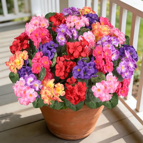 AmberFun Artificial Geraniums Flowers for Outdoors, 6 Bundles Realistic Silk Fake Geranium, No Fade Faux Plants for Hanging Baskets, Window Boxes, Pots - Porch, Patio, Garden Decor(6 Color)