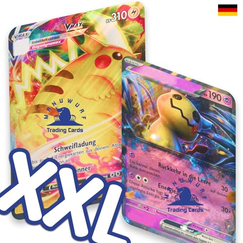 Deutsches Jumbo Kartenset für Pokemon Sammelkarten - 2 zufällige große XXL/Jumbo Karten V/VMAX/Holo/EX/GX/Jumbo Oversized + Manuwurf Versandschutz kompatibel für Pokemon Sammelkarten.