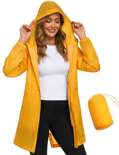 CMTOP Chubasquero Mujer Plegable Chaqueta Impermeable Ligera Abrigo de Lluvia Cortavientos Portátil Windbreaker Casual con Capucha y Bolsillo Rain Jacket Deportiva Primavera Verano(Amarillo, XL)