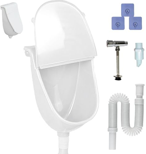 Kunststoff Urinal mit Deckel, Wandpissbecken Ohne Bohren für Herren mit Spritzschutzdeckel,Ablaufschlauch,Spülventil und Spüldüse für Zuhause,Studentenwohnheime,Wohnmobile und den Garten