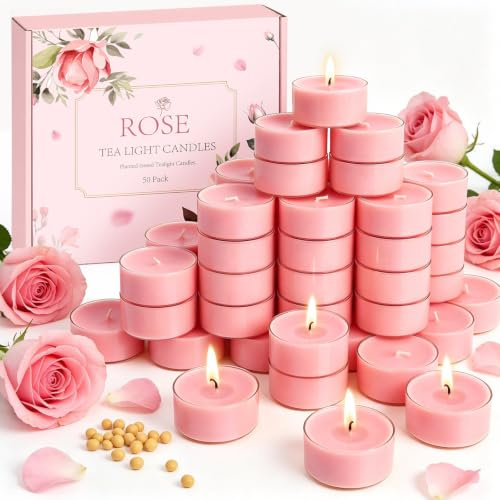 50 Stück Duft Teelichter-Rose Kerzen, Duftkerzen Geschenkset für Frauen | 4 Stunden Brenndauer Romantische Teelichter für Wohn-Dekoration, Hochzeit, Duftkerzen Geschenke zu Weihnachten, Geburtstag