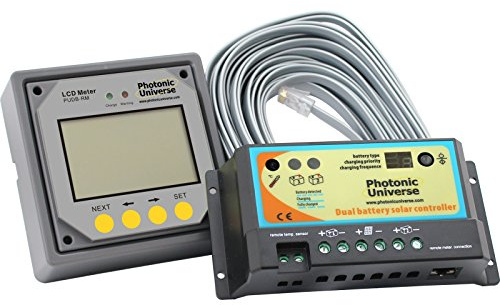 20A 12V/24V dual battery solar charge controller (charge regulator) with a remote LCD display and cable for lead acid batteries and solar panels up to 320W (12V batteries) / 640W (24V batteries)
