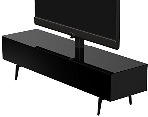 Sonorous STA 361 F BLK BLK SL Stehende Meuble TV Bas sur de Pieds avec Suspension TV Noir, Corps Noir, Partie supérieure et Porte à Rabat avec trempé Verre Noir