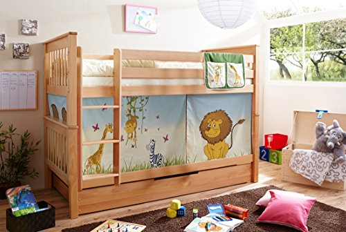 Etagenbett Doppelbett Stockbett Sammy teilbar Buche massiv Natur, Vorhangstoff:Safari