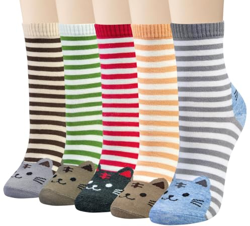 5 Paar Damen Socken Tiere aus Baumwoll mit Süße Katze Tiermuster, Lustige Bunte Socken Geschenk für Damen Einheitsgröße Brown