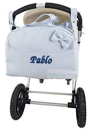 mibebestore - Bolso Polipiel Carrito Bebe Personalizado con nombre bordado CELESTE - Nombre bebé bordado
