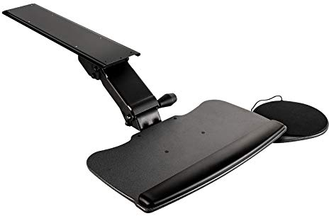 Under Desk Keyboard Tray, Easy to Install 20 x 11 Undermount Tray with Wrist Rest & Bonus Mouse Pad, Cable Management - Swivels 360° with Adjustable Height and ±15° Title Angle for 100% Comfort
