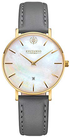 Kistanio Damenuhr Petit Goldfarben Edelstahl Saphirglas mit grauem Lederband GO-PM-L-GR