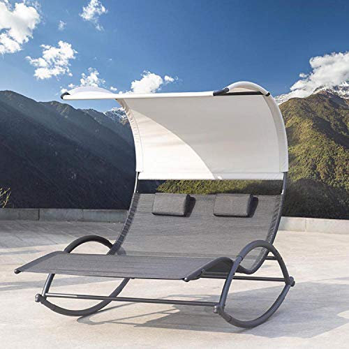 Concept-Usine | Hamaca Doble basculante con toldo | Diseño HEIRA Negro y Gris | 2 plazas para una relajación en dúo | 2 Ruedas prácticas, 200 kg máx. | Decoración al Aire Libre