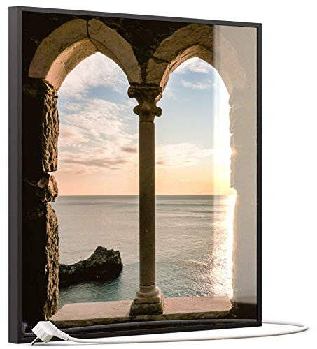 STEINFELD Heizsysteme® Glas Bild Infrarotheizung inklusive TS11 WiFi Thermostat | Motive 016H Fenster (350 Watt, schwarz)