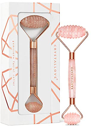 CRYSTALLOVE Rullo per il viso - Rullo massaggiatore anti-età - massaggiatore per il viso con quarzo rosa - massaggio del viso - Rullo - strumento per il massaggio