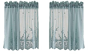 Betos Küchen-Vorhänge, Voile Kurzstore Vintage Kaffee Bistrogardine Vorhang Spitze Scheibengardine Kurzgardine Landhausstil halbtransparente Gardine, blau 74 * 90cm x 2Stück