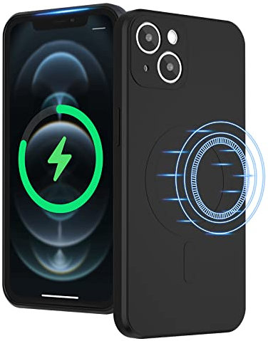 UEEBAI Liquid Silicone Wireless Charging Phone Case For iPhone 13 6.1 inch, Built-in Magnets Compatible with MagSafe Faster Charging Slim Fit Soft Microfiber Cover - Black