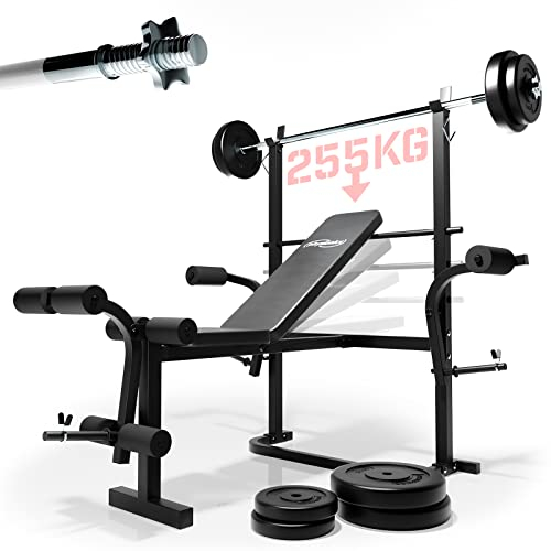 Physionics® Hantelbank mit Langhantel - Ablage, 40/70/100 kg Gewichten, Butterfly, Beinstrecker, 140/165cm, Multifunktional, Verstellbar - Trainingsbank, Kraftstation, Fitnessstation, Langhantelset