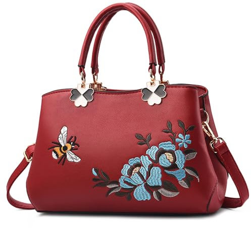 VARLIVOO Elegant Damen Handtaschen Stickerei Schultertaschen Frauen Umhängetasche Taschen Reisen Shopper Taschen Damen Taschen Crossbody Bag Arbeit Reisen PU Leder Rotwein A