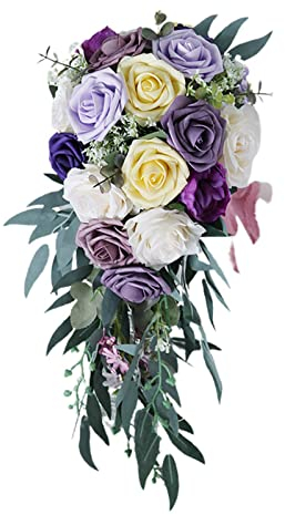 predolo Eleganter Hochzeits-Brautstrauß Rosen-Wasserfall-künstlicher Halte-strauß für Kirche-Zeremonie-Feiern-Dekor-, Violett