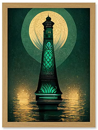Doppelganger33 LTD Art Deco Lighthouse Great Gatsby Moonlight Emerald Artwork Framed Wall Art Print A4