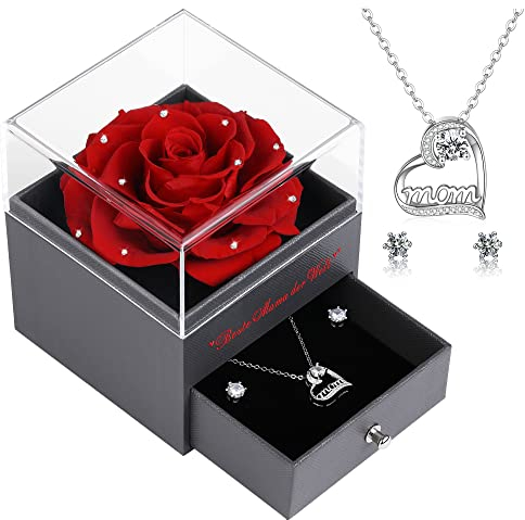 Veroola Konservierte Echte Rose mit Mom Halskette und Ohrringe, Beste Mama der Welt Ewige Rose Blumen Geschenke für Mama, Weihnachten Muttertag Valentinstag Geburtstag Mom Geschenke.KristallRot