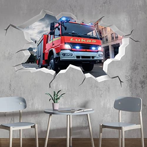 tjapalo® P62 3D Wandtattoo Mit Namen Feuerwehr Auto Wandaufkleber Kinderzimmer Junge Wandsticker Feuerwehr Kinder, Größe: B50xH29cm