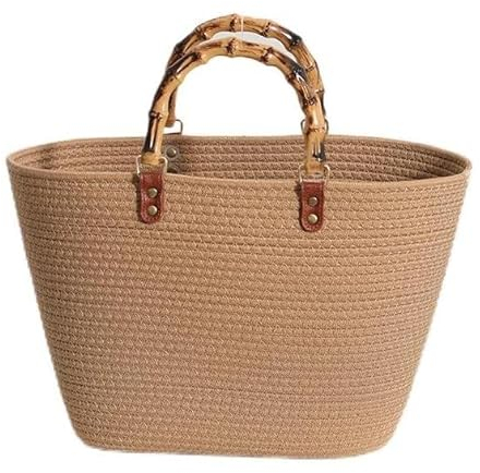 Damen Handtasche mit Bambus Knöchel Design Griff Frau Strandtasche Einkaufstasche aus Baumwollgarn Korbtasche Groß Tragetasche Sommer Shopper (F)