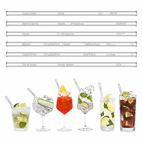 Wählbare Cocktail Rezepte Glasstrohhalme Cocktailbuch aus Glas - individuelle Cocktails mit gravierten Maßen personalisierbar für perfektes Mixen - 6er Set