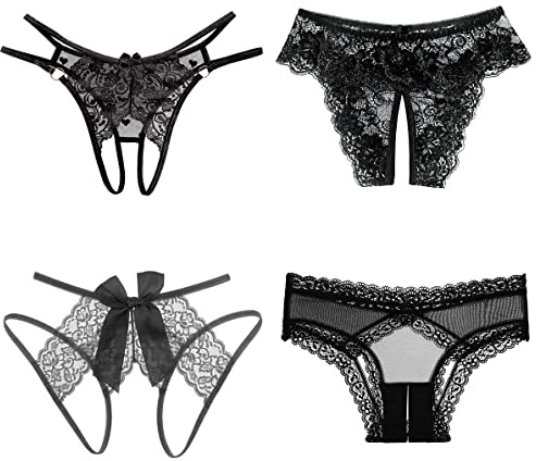 KHUFUZI Women's 4in1 Sexy Open Crotch Knicker Panties Low Rise Thong Lingerie Lace G-string Black Collection Sleepwear Backless Underpant for Girlfriend Wife (4 Styles Pack)
