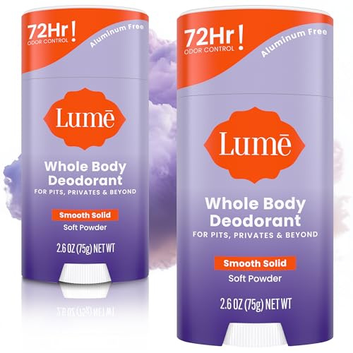 Lume Whole Body Deodorant - Smooth Solid Stick - 72 Hour Odor Control - Aluminum Free, Baking Soda Free and Skin Safe - 2.6 Ounce (Pack of 2) (Soft Powder)