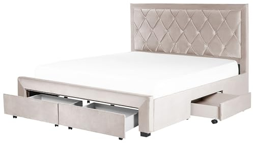 Beliani Bett mit Schubladen Beige Samtstoff 180x200 Lattenrost Chesterfield | Stoff, Mit Stauraum, Belastbarkeit 300 kg, 180 x 200 cm, 100% Polyester