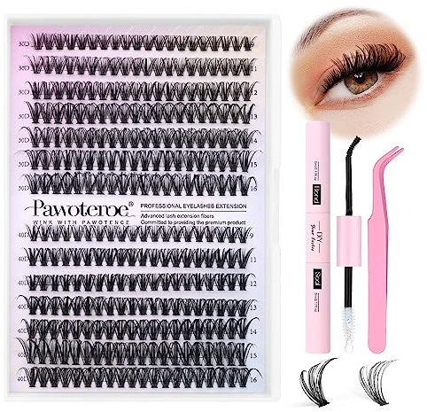 Eyelash Extension Kit 280pcs Individual Eyelashes Kit Cluster Lashes Individual Cluster 9-16mm Lash Extension Kit with Lash Bond and Seal, Lash Tweezer for Self Use (30D&40D, 9-16mm, Kit)