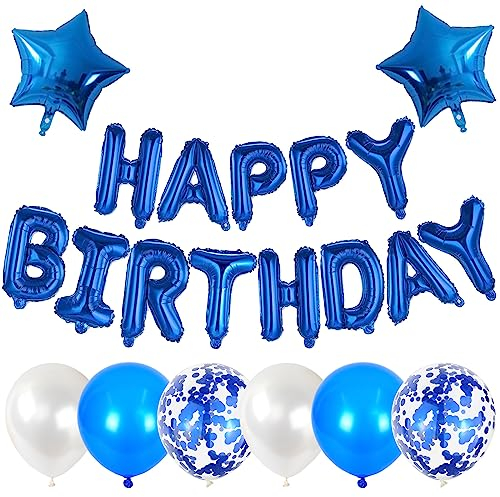 Happy Birthday Banner Balloon, 16 Inch Blue Mylar Foil Letters Banner Set with Confetti Balloons Star Foil Balloons for Boys Men Birthday Party Decorations