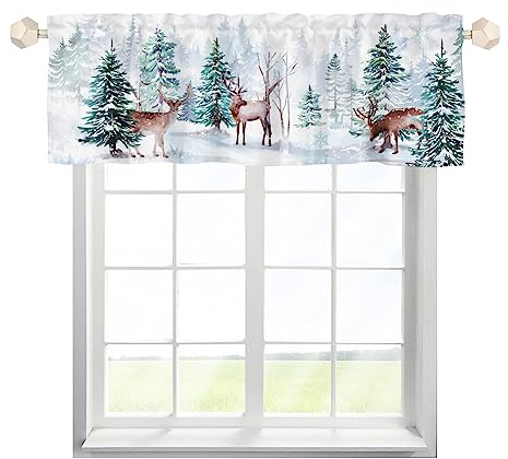 One Lover Weihnachten Kiefer Elch Scheibengardine Bistrogardine mit Stangendurchzug Kurz Stores Schals Landhausstil Küchenvorhang für Badezimmer Klein Fenster Multicolor 137x45cm,1 Stück