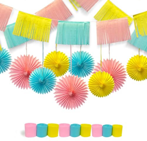 21 PC Pastel Paper Decoration Kit by Kissymix – Colourful Crepe Paper Streamers, Fans and Garlands for Birthday, Christmas, Valentines and Anniversary Parties