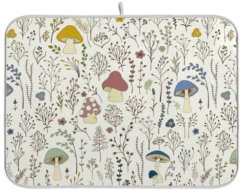 Cute Mushroom Wild Plant Dish Drying Mat for Kitchen Counter Absorbent Microfiber Dish Drying Pad Drainer Mat, Medium 40x46 cm