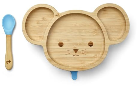 Tiggi Bamboo Baby Suction Plate - Complete Weaning Set | Strong Suction, BPA-Free | Eco-Friendly Bamboo Plates Baby | Ideal Baby Suction Plate for Easy Feeding (Mouse, Blue)