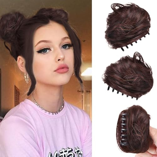RPAEOY 2 Stück Haarschmuck Krallen Clip in Haar Bun Messy Bun Mini Haarteile Dutt mit Klammer Haar Scrunchies Synthetik Pferdeschwanz Haarteil Dutt für Damen (Dunkelbraun)