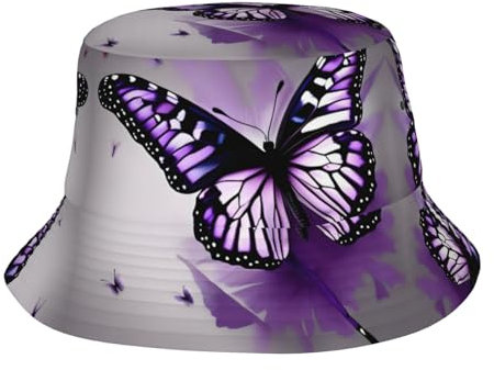 Bellissimo cappello da pescatore viola per adulti, cappello da pescatore, adatto per viaggi all'aperto, spiaggia, cappello da sole, Bella farfalla viola Art, taglia unica